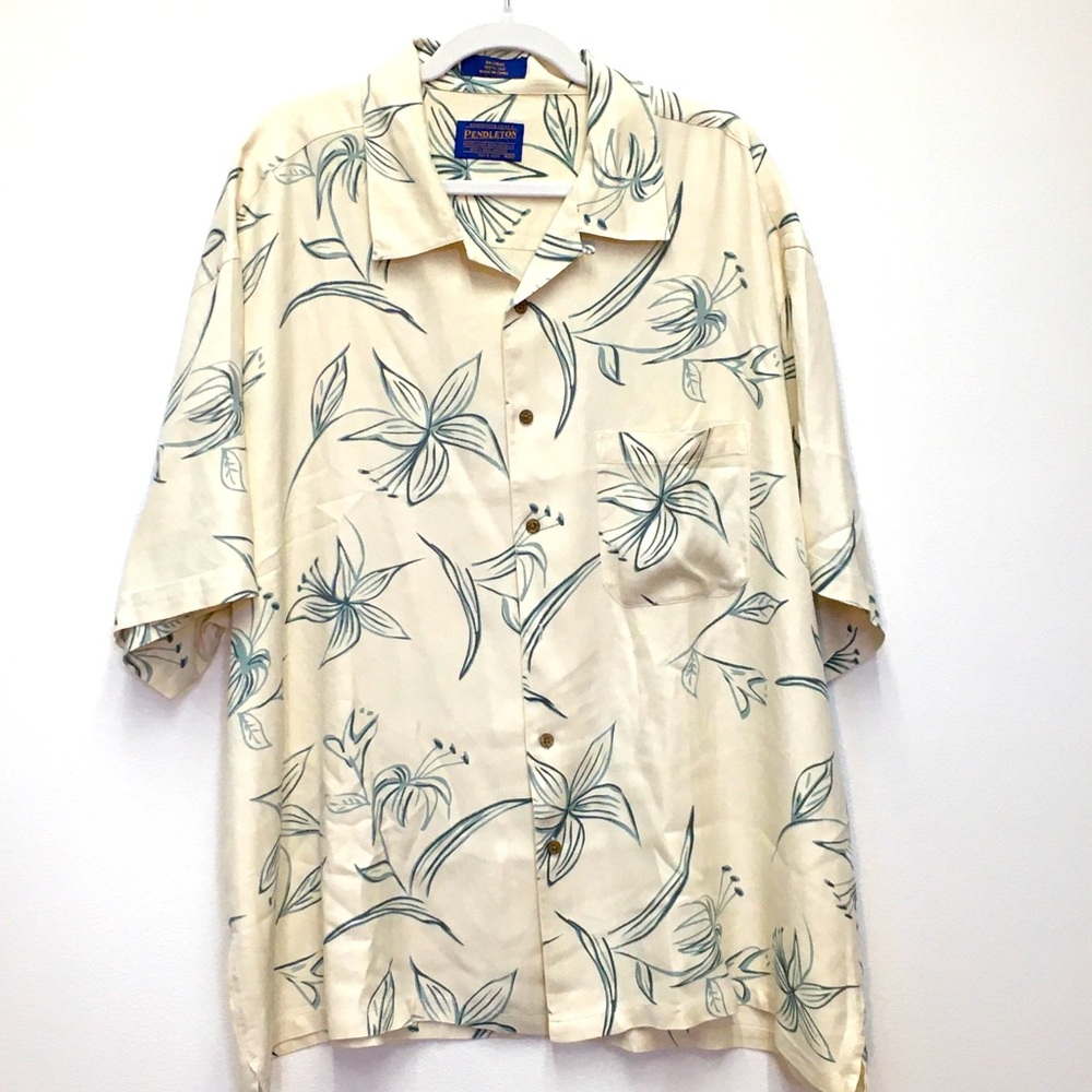 Pendleton Short Sleeve Button Down Shirt XXL Cream 100% Silk Casual Vacation